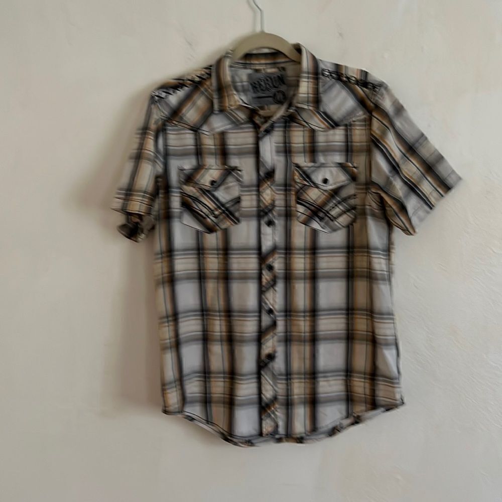 RERUN Cotton Blend Plaid Short Sleeve Button Down Western Shirt Size M